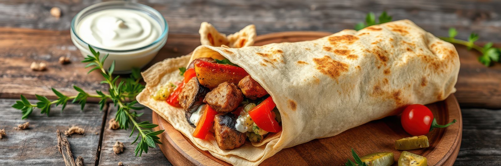 Delicious wrap filled with grilled meat, fresh vegetables, and creamy sauce served on a rustic wooden table